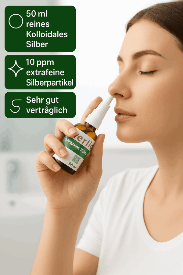 rau wendet Silverlin Kolloidales Silber Nasenspray (50ml) mit 10 ppm extrafeinen Silberpartikeln an – sehr gut verträglich