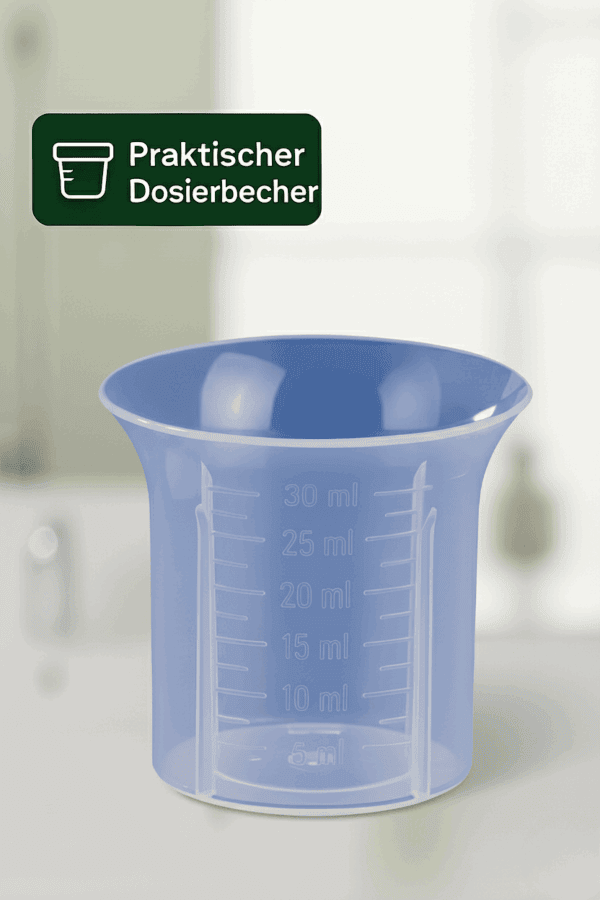Blauer, praktischer Dosierbecher für die einfache und genaue Dosierung von Silverlin Kolloidalem Silber (5ml bis 30ml Skala)