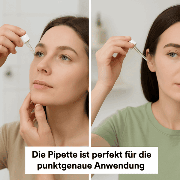 Frau wendet mit Pipette Kolloidales Silber auf Haut und Ohr an. Ideal für die punktgenaue Dosierung und Anwendung