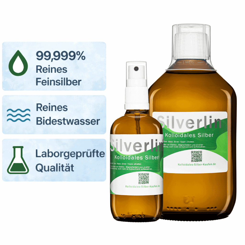 Silverlin Kolloidales Silber Spray Plus mit 99,999 % Reinheit – laborgeprüft und ohne chemische Zusätze.