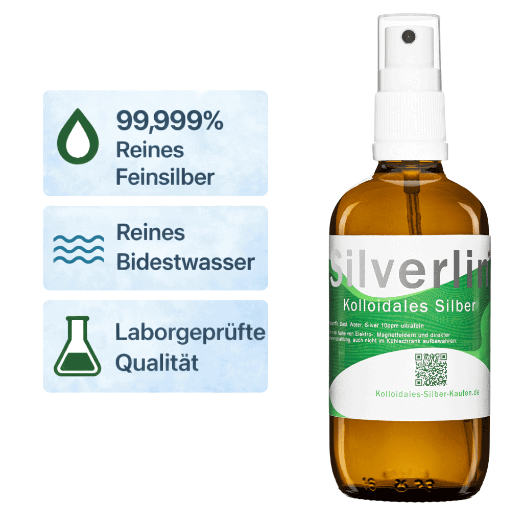Hochreines Silverlin Kolloidales Silber Spray mit 99,999 % Feinsilbergehalt für die professionelle Oberflächenpflege.