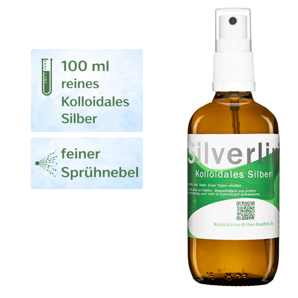 Blick auf die hochwertige Silberlösung von Silverlin im praktischen Zerstäuber für die universelle Anwendung.