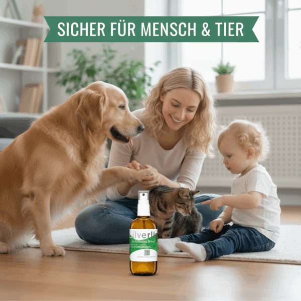 Frau, Kind, Hund und Katze spielen im Wohnzimmer. Silverlin Kolloidales Silber Sprayflasche im Vordergrund. Sicher für Mensch und Tier